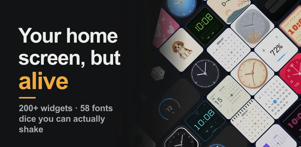A grid of Widgetory widgets — analog and digital clocks, a calendar, a battery meter, a D-day countdown and a dog widget — on a dark home screen.